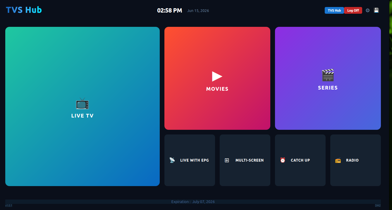 TVS Hub home screen showing Live TV, Movies, Series and more tiles