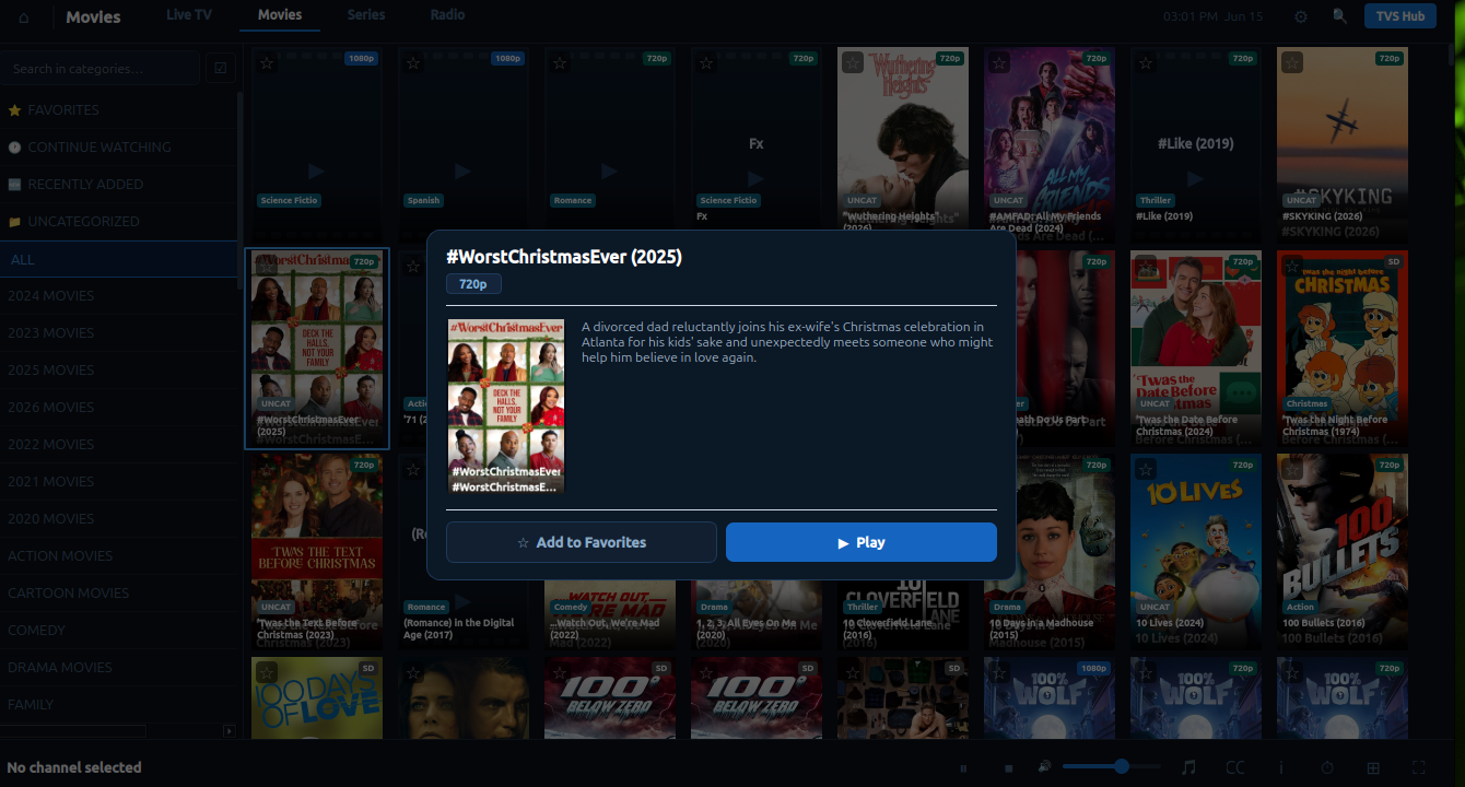 TVS Hub movie info popup with poster, synopsis and play button